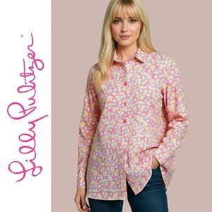 Lilly Pulitzer Vintage White Label Pink Tropical Passion Pineapple Button Down